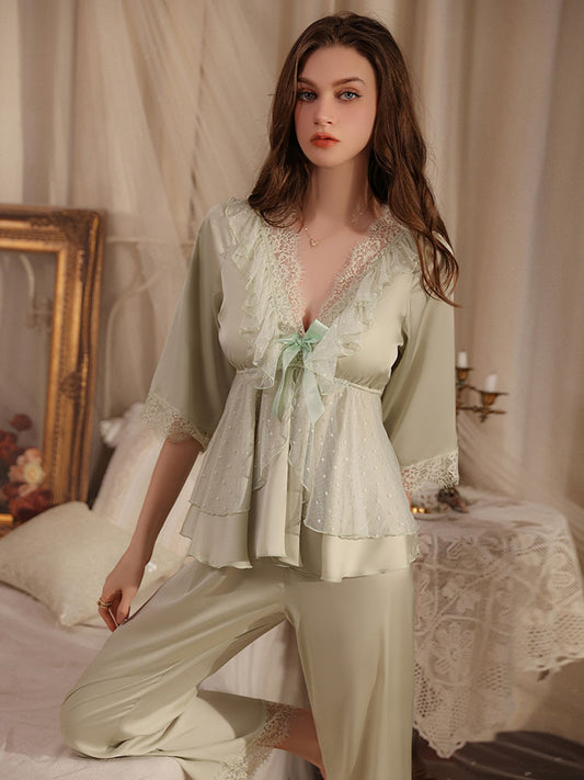 green color Satin Lace Deep-V Home Loungewear Set