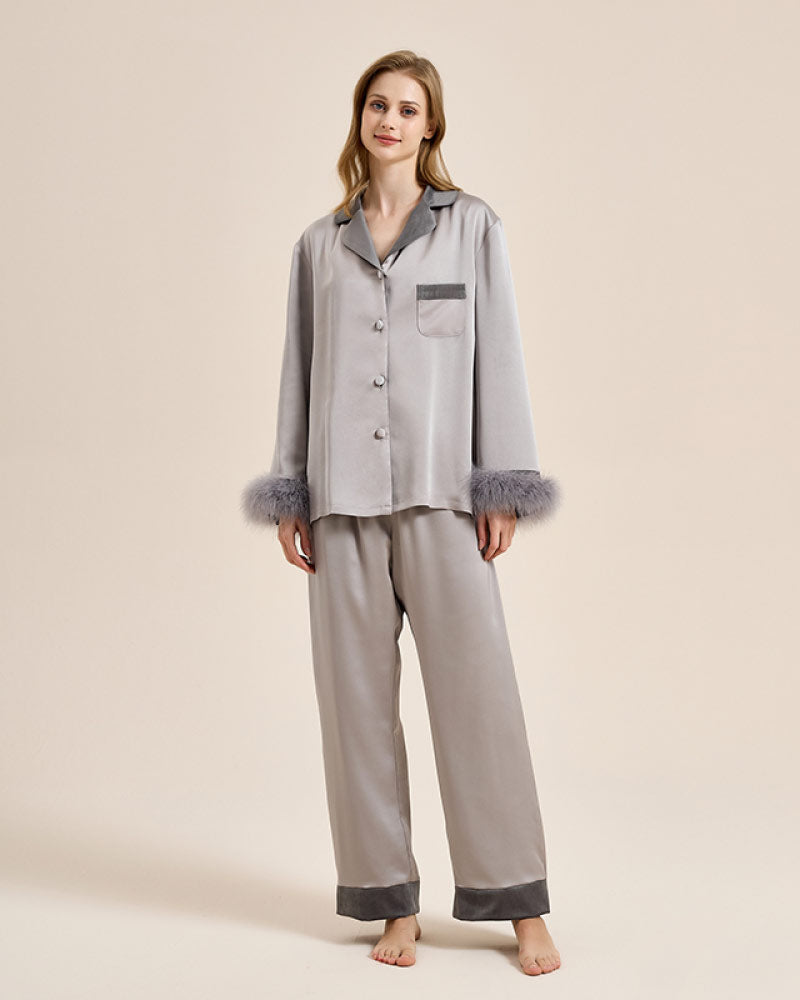 gray color Luxury Feather-Lined Home Wear Pajama