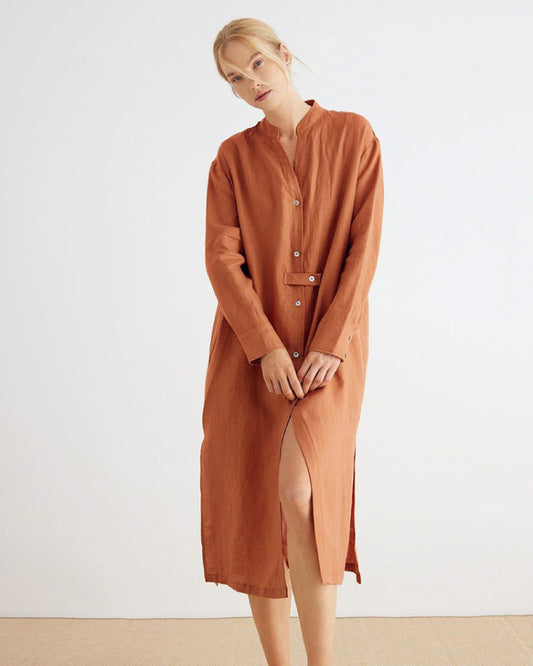 women wear a orange color Casual Cotton Linen Long Sleeves Cardigan Nightgown