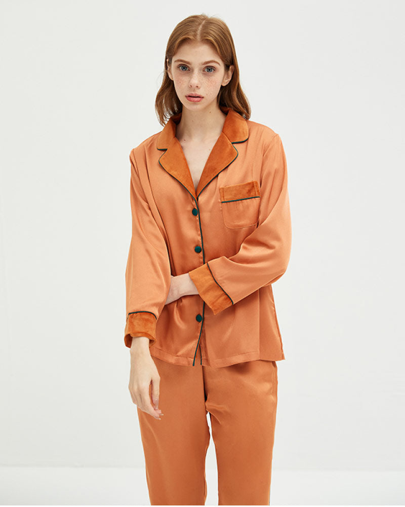 orange color Casual Lightweight Velvet Long Sleeve Pajama Set stand look