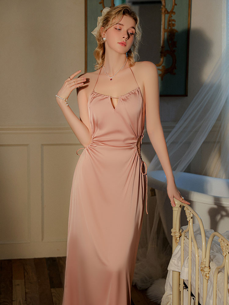 pink color Long Ice Silk Backless Halter Camisole Nightgown