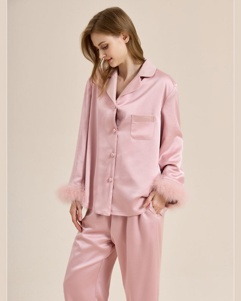 pink color Luxury Feather-Lined Home Wear Pajama stand look