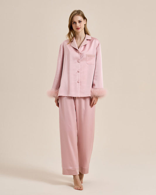 pink color Luxury Feather-Lined Home Wear Pajama