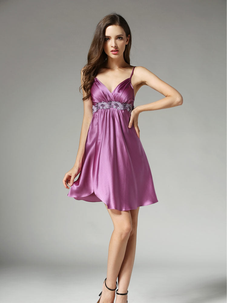 purple color 100% Mulberry Silk Camisole Lace Temptation Nightgown