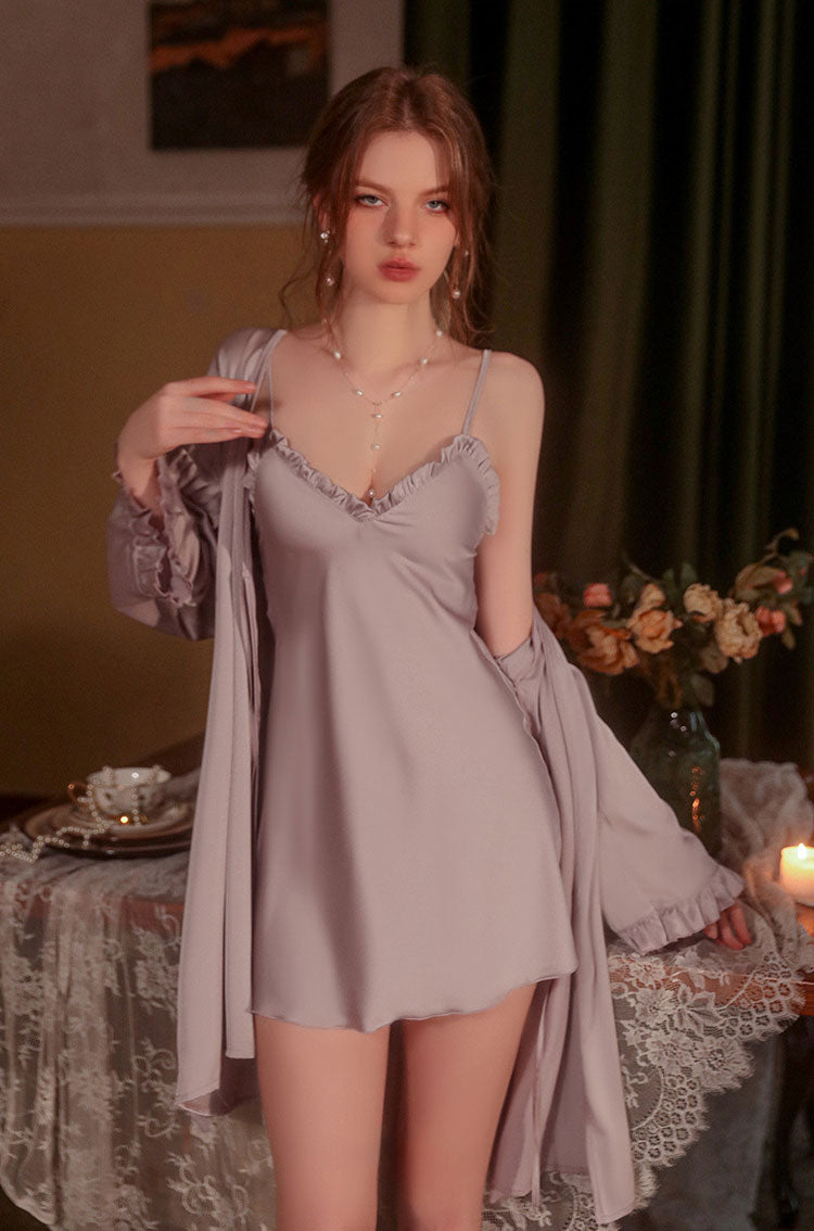 purple color sweet sexy ruffle edging sling nightgown robe set