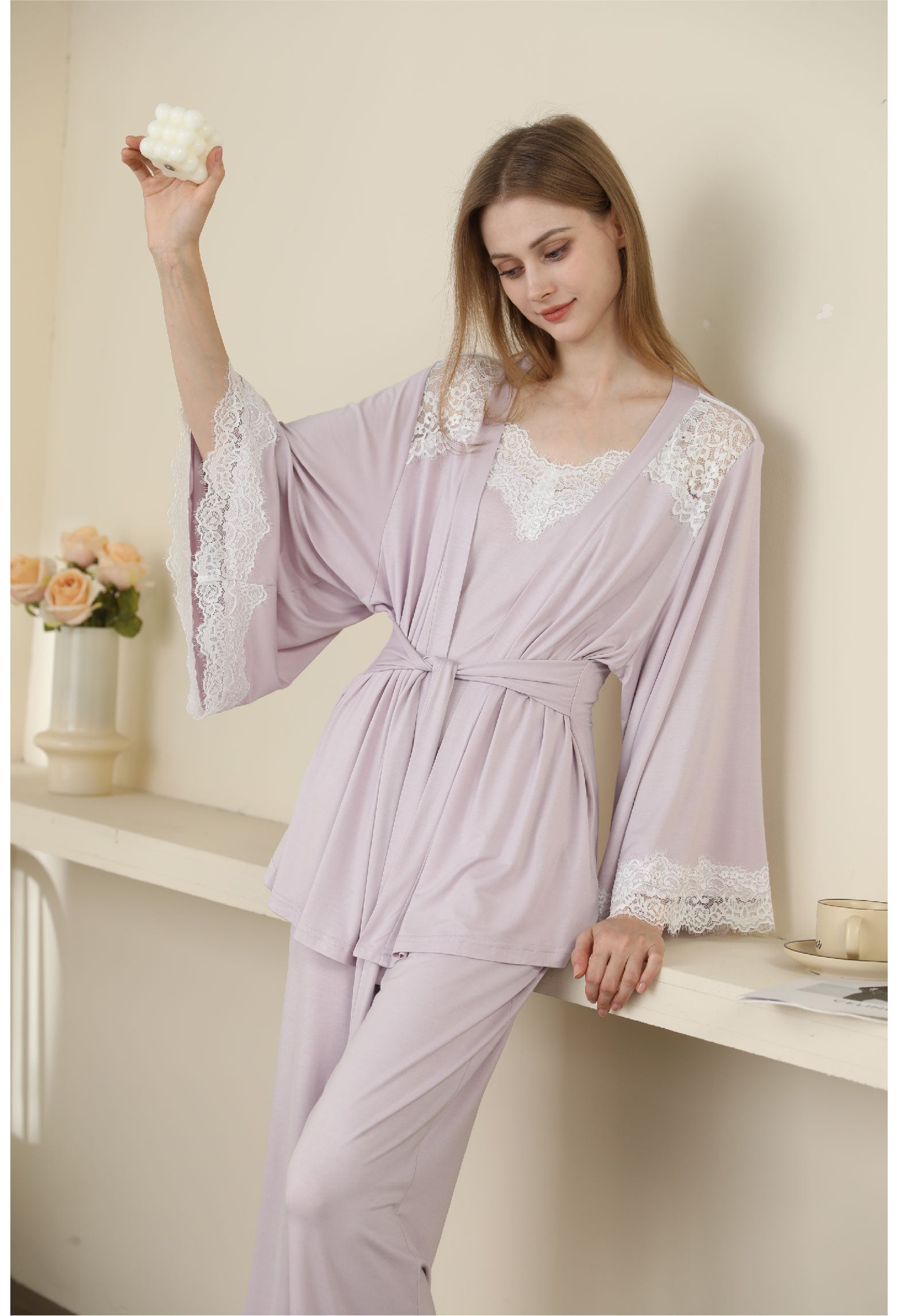 purple color Sexy Modal Lace Backless Pajama Robe Set