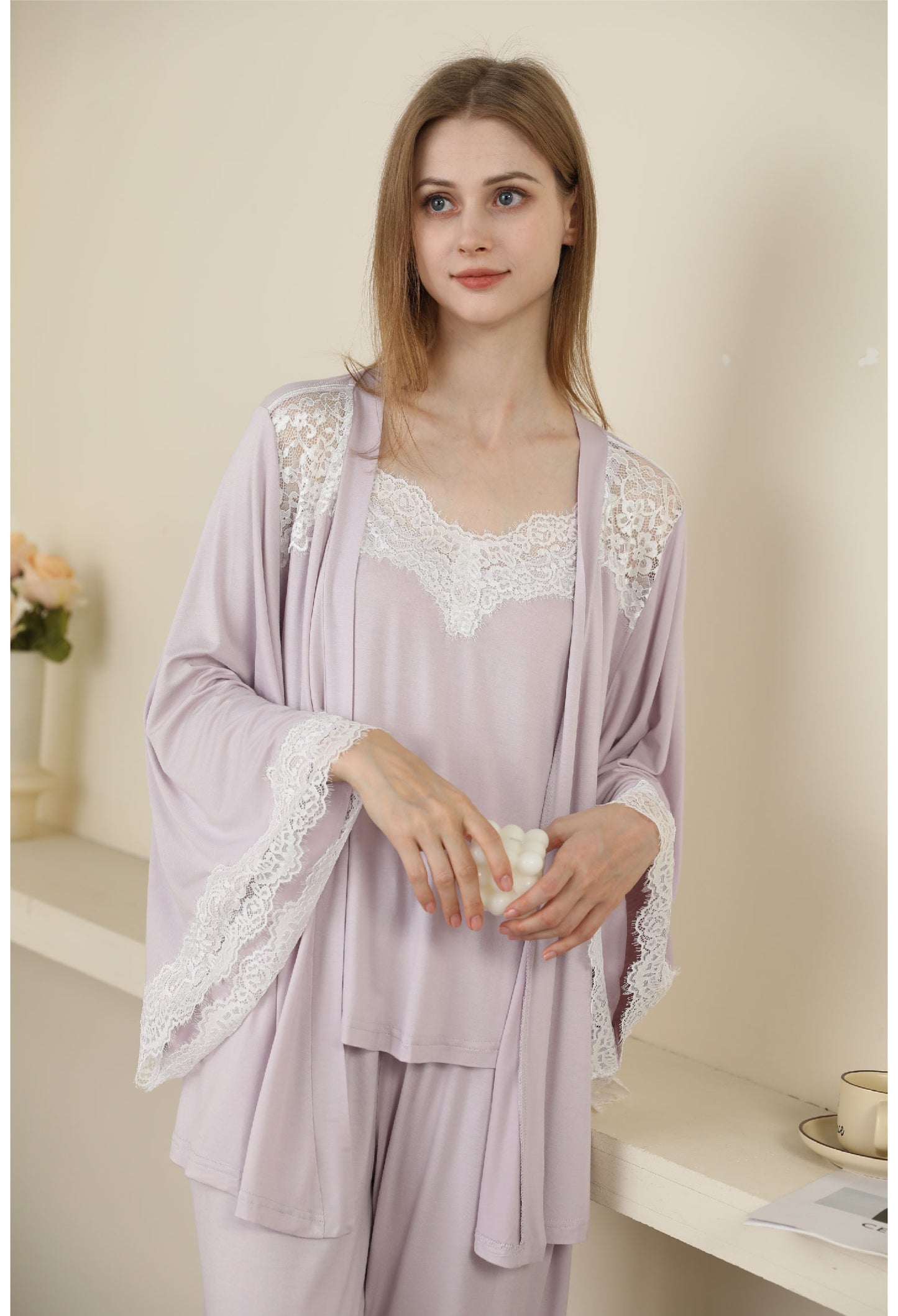 purple color Sexy Modal Lace Backless Pajama Robe Set