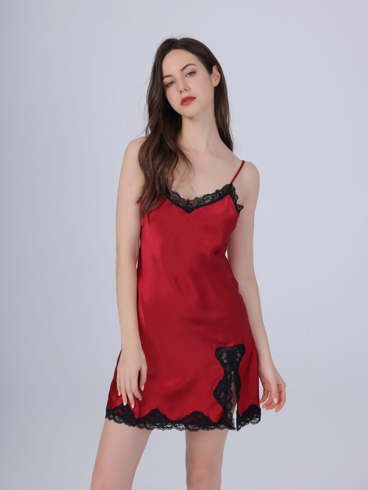 red color 100% Mulberry Silk Camisole Sensual Lace Nightgown