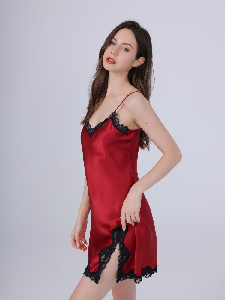 red color 100% Mulberry Silk Camisole Sensual Lace Nightgown