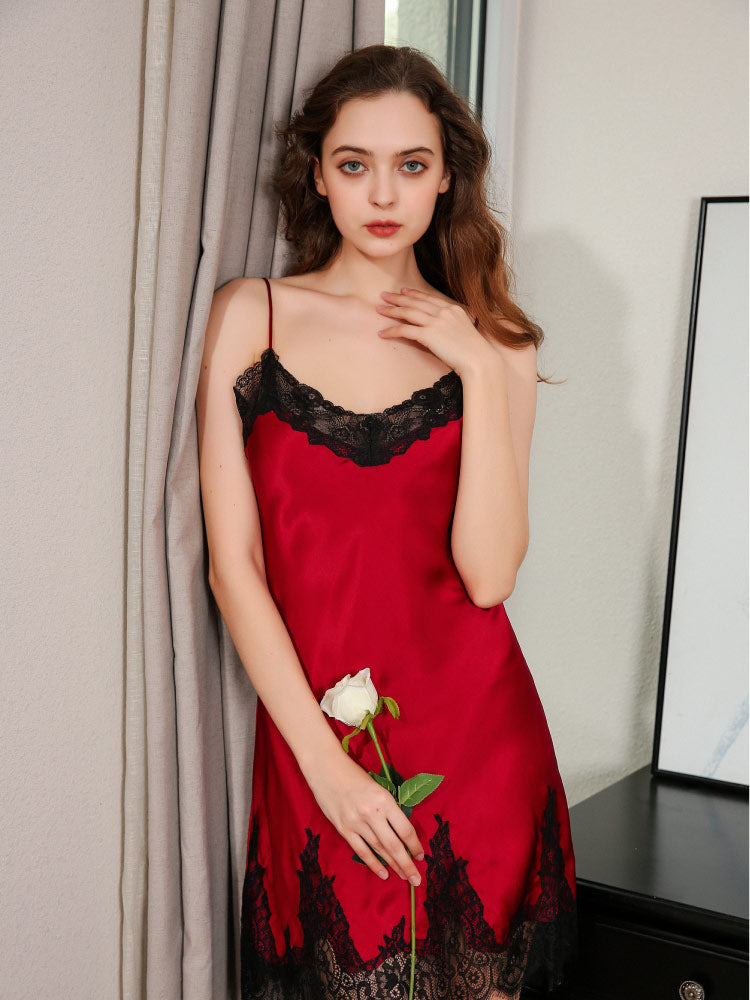 red color 100% Mulberry Silk Hollow Out Camisole Nightgown