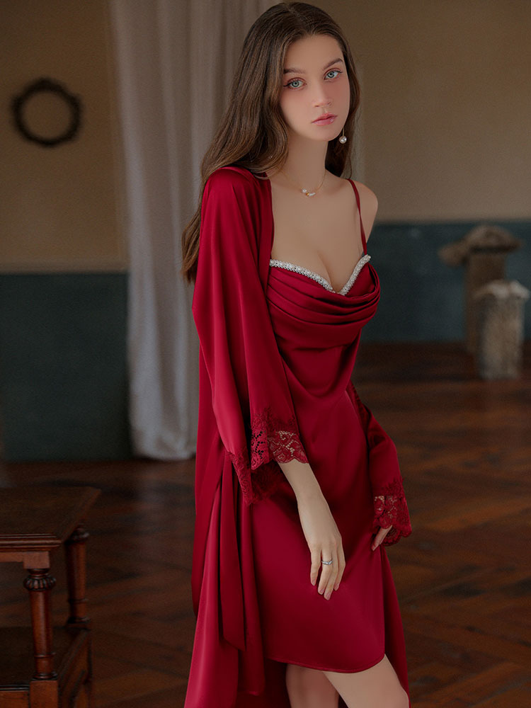 red color Luxurious Sensual Plunging Neckline Camisole Nightgown robe set