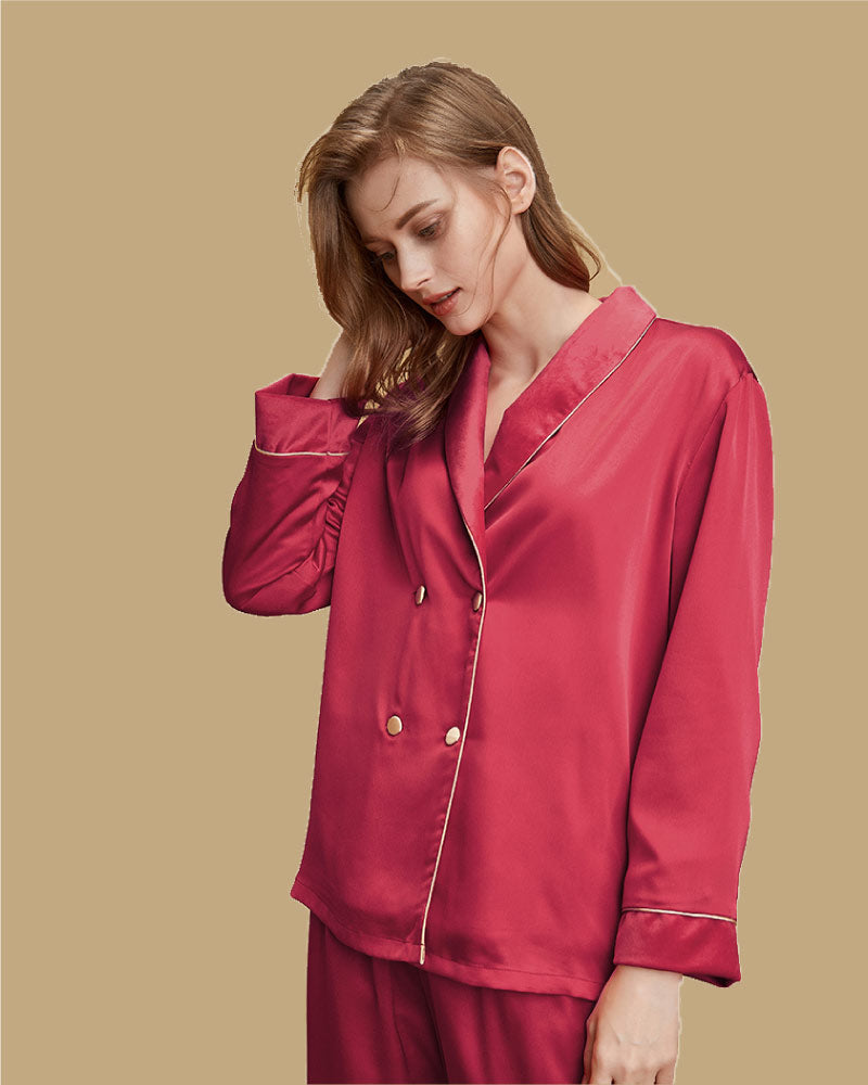red color Luxury French-Style Double-Row Buttons Velvet Pajama stand look