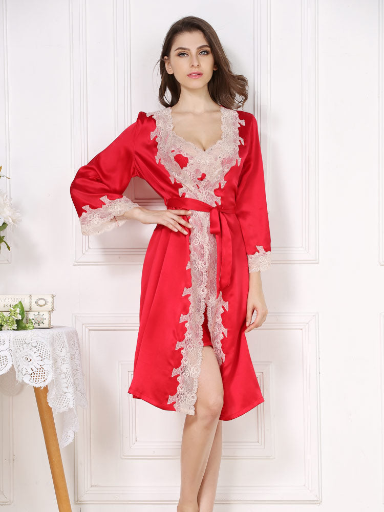 red color Real Silk Camisole Sensual Lace Sleepwear Robe Set