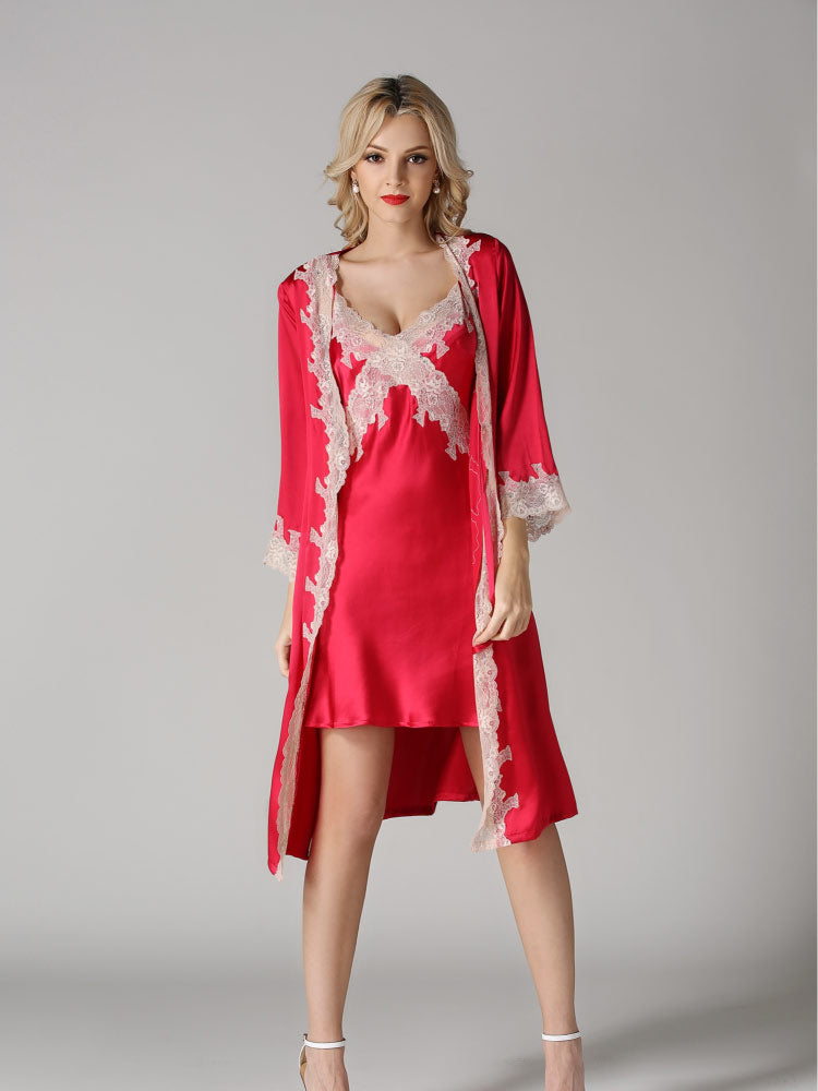 red color Real Silk Camisole Sensual Lace Sleepwear Robe Set