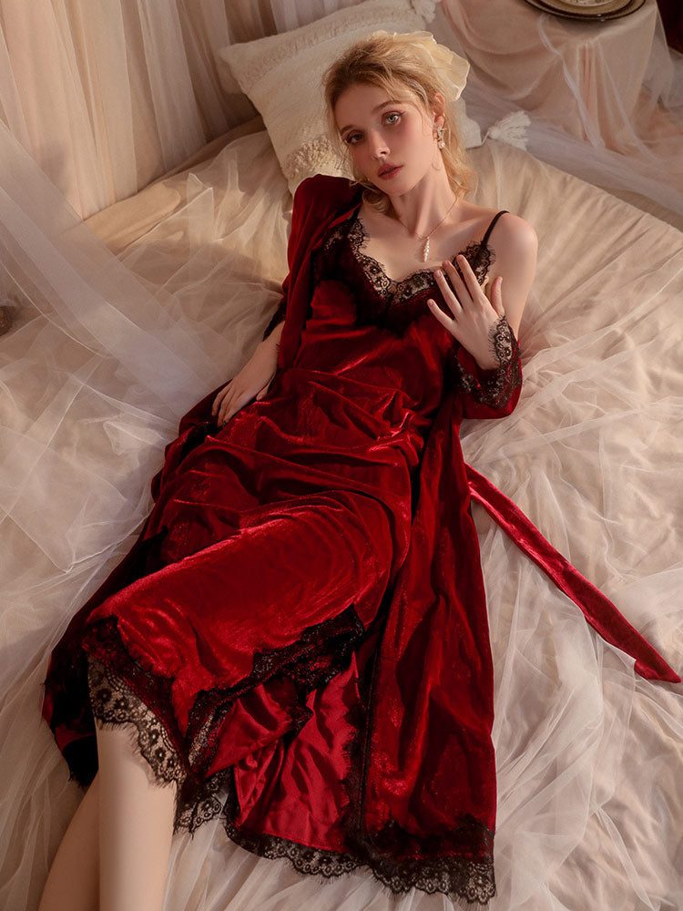 red color Sensual Lace Sheer Temptation Nightgown robe on bed