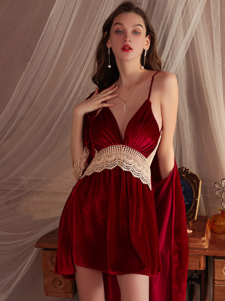 red color Sensual Padded Bust Embroidered Lace Nightgown Robe front look