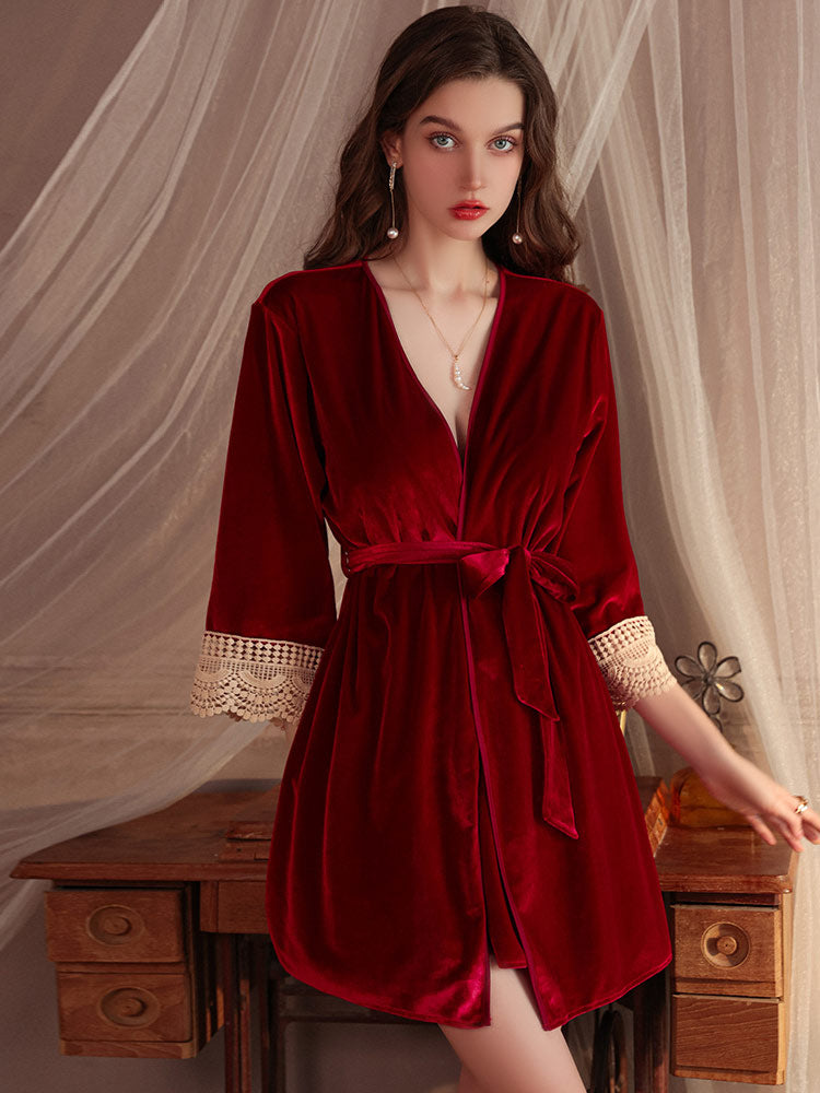 red color Sensual Padded Bust Embroidered Lace Nightgown Robe full