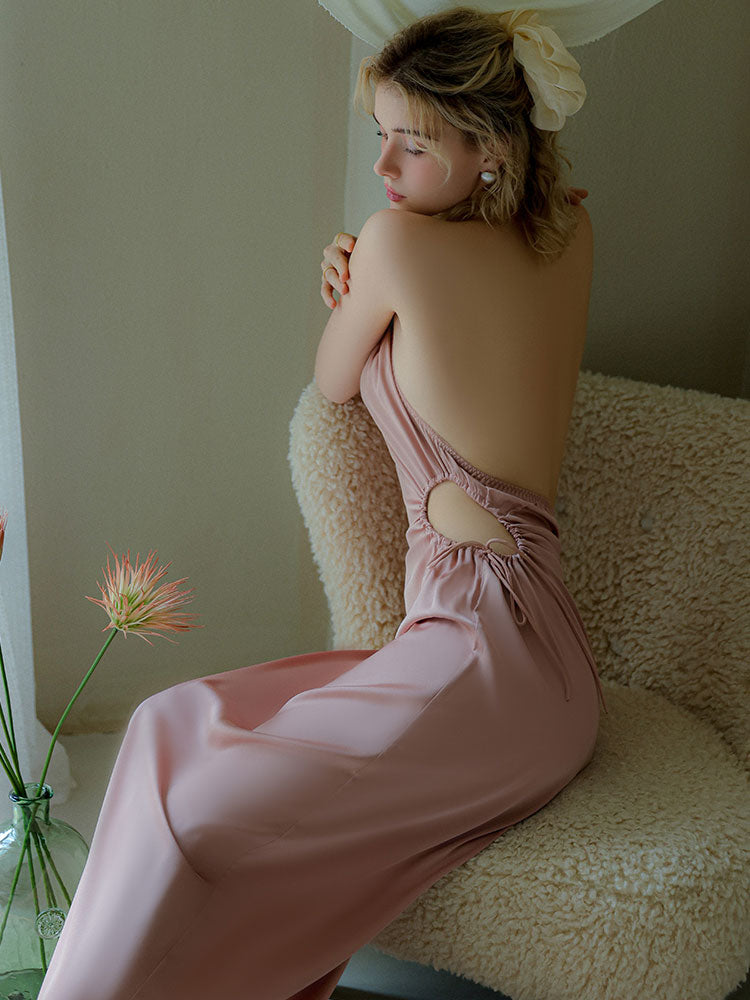 rose gold color Long Ice Silk Backless Halter Camisole Nightgown