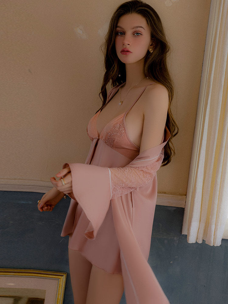 rose gold color color Romantic Satin Patchwork Open-Front Nightgown Robe side look