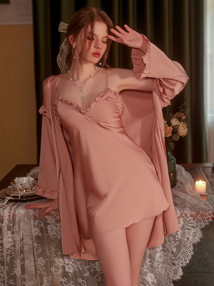 rose gold color sweet sexy ruffle edging sling nightgown robe set