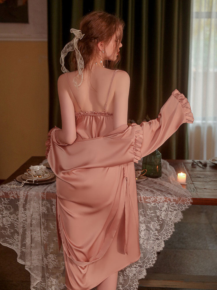 rose gold color sweet sexy ruffle edging sling nightgown robe set show back