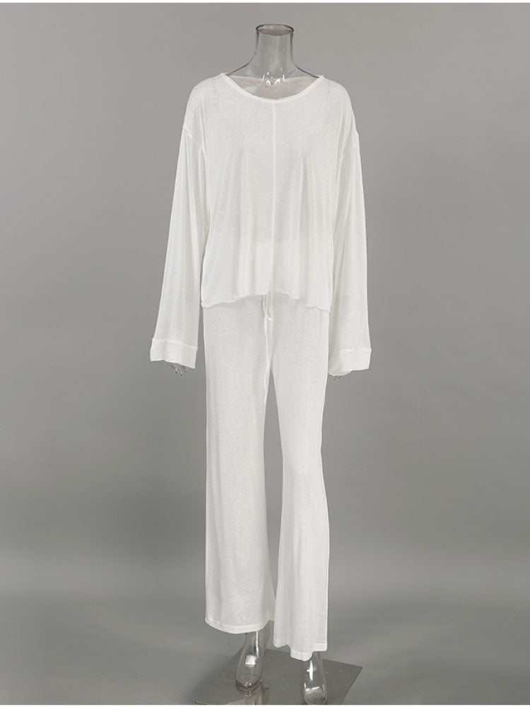 white color Round Neckline Long Sleeve Pajama Set