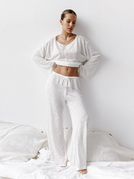 white color Round Neckline Long Sleeve Pajama Set