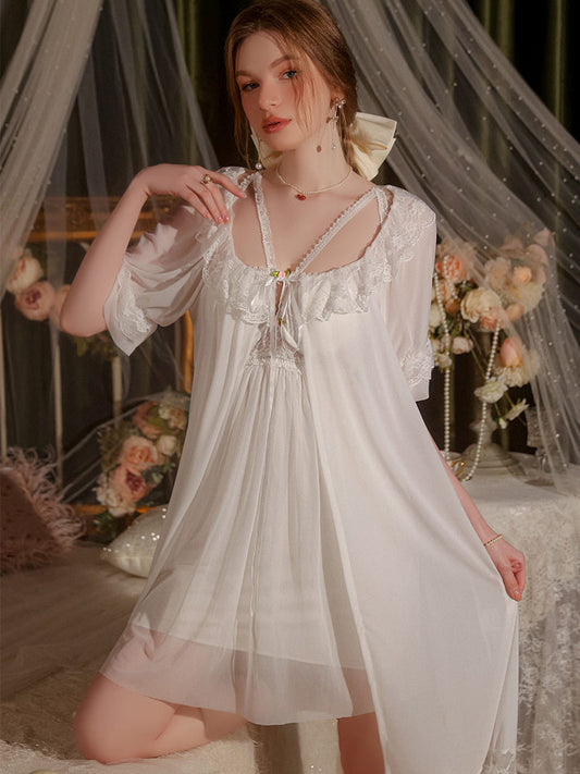 white color Sweet Mesh Sleepwear with Padded Bust Nightgown Set