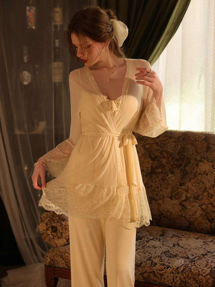 yellow color Mech Lace Camisole With Padded Bust Loungewear robe set
