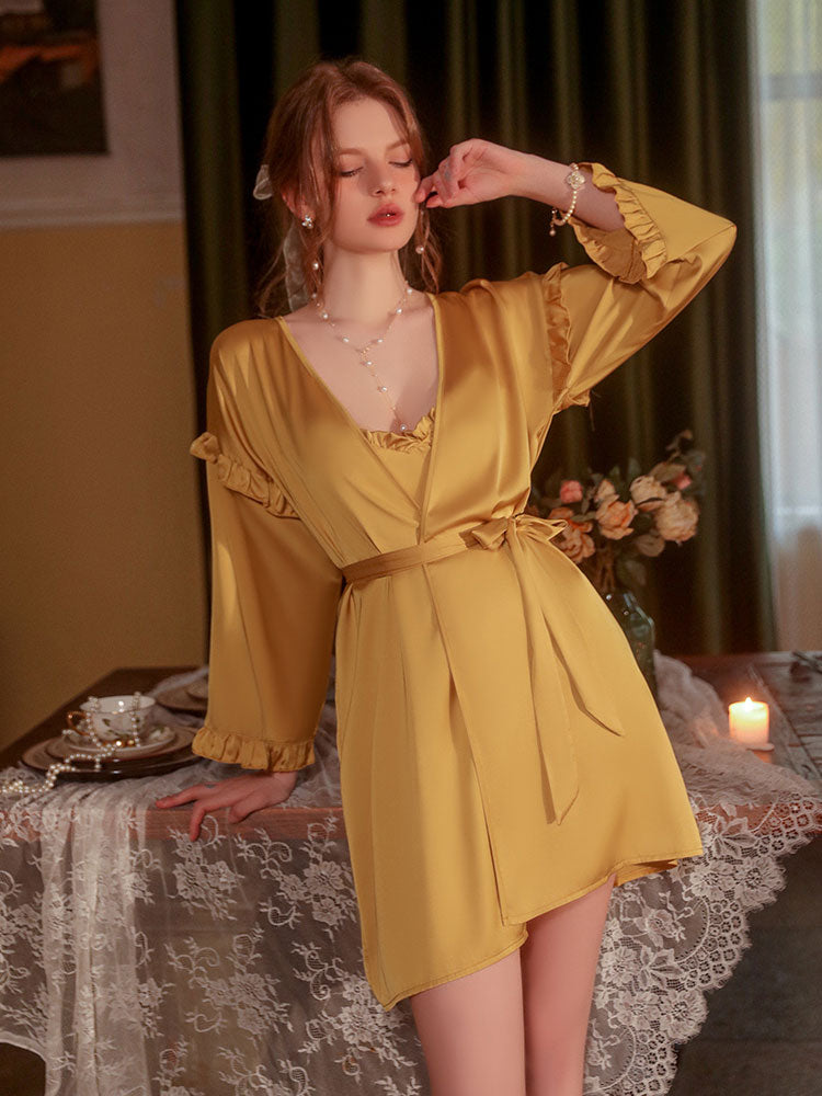 yellow color sweet sexy ruffle edging sling nightgown robe set