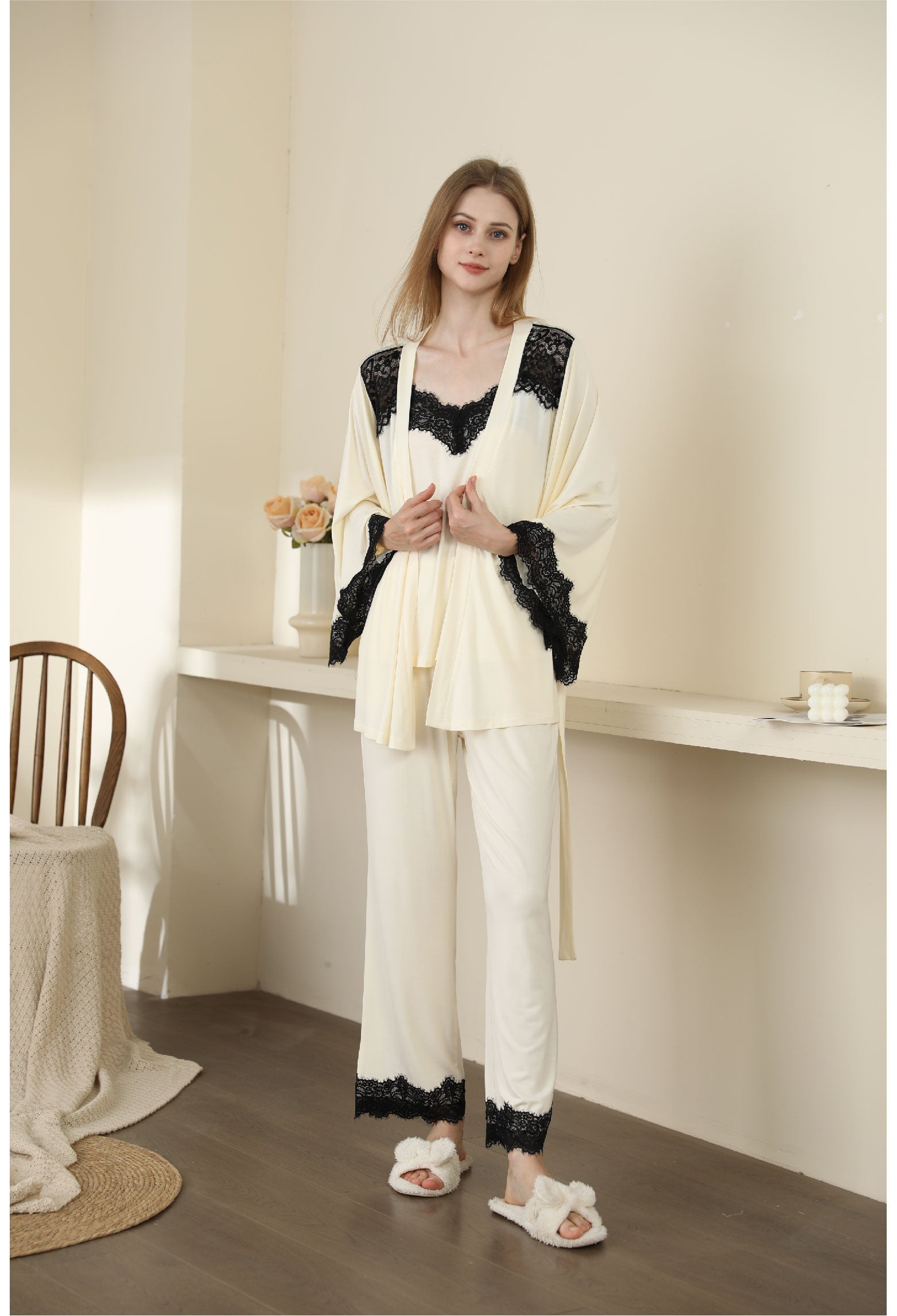 yellow color Sexy Modal Lace Backless Pajama Robe Set