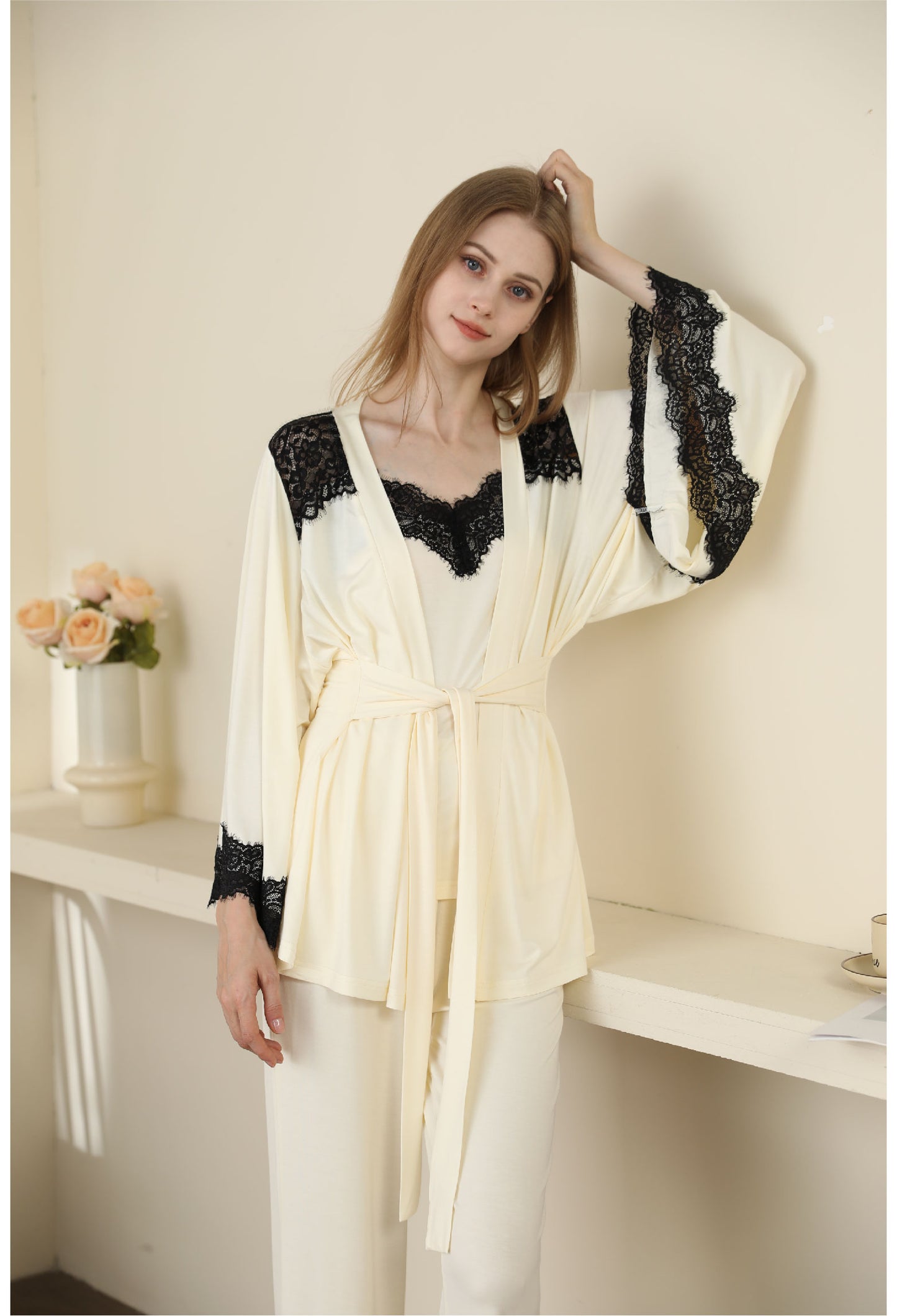 yellow color Sexy Modal Lace Backless Pajama Robe Set